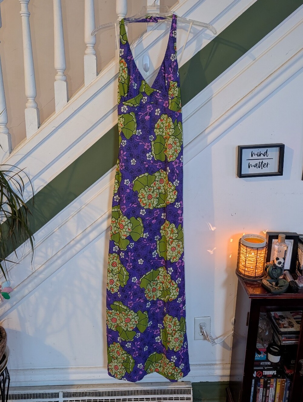 Vintage 70s HOUSE OF NINE Floral Halter Maxi Dress S Nylon Sz 7 Green Purple